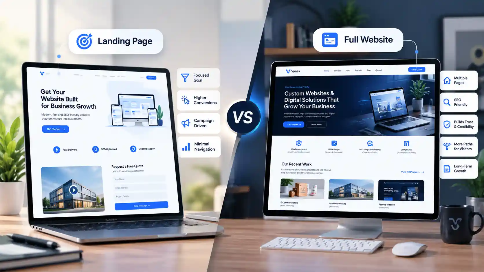 Landing page vs full website displayed on screens, highlighting focused campaigns, SEO, multiple pages, and long-term business growth